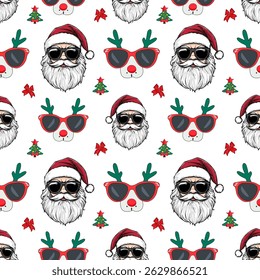 Cool Santa and Mistletoe Seamless Christmas Pattern. Christmas Pattern with Santa and Red Sunglasses