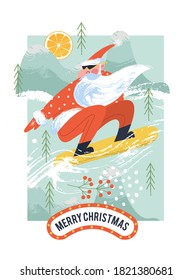 Cool Santa on a snowboard. Vector Christmas card.