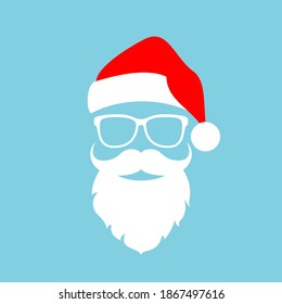 Cool Santa portrait with beard and Christmas hat on blue background, Cristmas santa concept, chrismas symbol