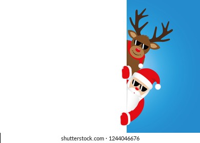 cool santa and reindeer with sunglasses christmas cartoon white banner for copy space vector illustration EPS10