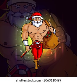 The cool santa with a sack of gift esport mascot design of illustration