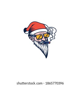 cooler Santa mit Räucherstelle. Tragen Sie eine gelbe Brille. Diese Grafik eignet sich hervorragend für Aufkleber, Logo, Icon, T-Shirt, etc.