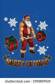 Cool Santa Workout Bodybuilder Merry Liftmas Xmas Pun Vector Illustration Graphic Design for Document and Print