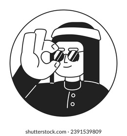 Cool saudi man adjusting sunglasses black and white 2D vector avatar illustration. Stylish saudi arab self-assured outline cartoon character face isolated. Fashion statement flat user profile image