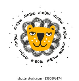Cool scandinavian print with lion face. Creative decor for baby room and clothes illustration.
