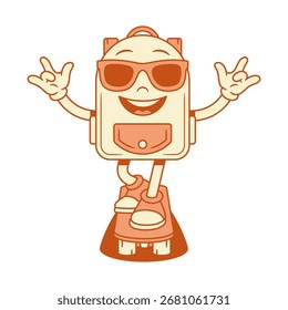 Mochila escolar fresca de vuelta al personaje de dibujos animados de la escuela en la Ilustración vectorial isométrica de monopatín. Feliz adolescente mochila bolsa alumna educación minimalista mascota en gafas de sol rock gesto emoción positiva