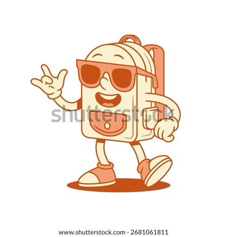 Cool schoolbag back to school cartoon character in sunglasses isometric vector illustration. Funky comic backpack bag pupil education studying minimalist mascot in summer eyeglasses rock gesture
