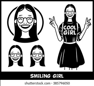 cool schoolgirl in glasses showing two fingers sign set black