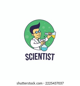 Cool scientist holding flasks with liquids cartoon badge logo design vector illustration