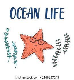 Cool sea star cartoon illustration with seaweeds around.