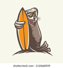 cool seal surfer with glasses cartoon illustration on the beach drawing