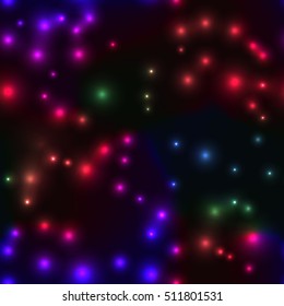 Cool seamless bakground with small lights in rainbow color. Festive seamless pattern with neon laser lights on dark background.