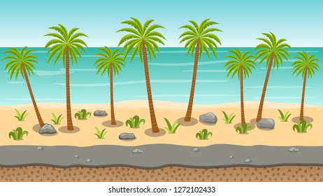 cool seamless beach background with coconut trees and road perfect for platform game 
