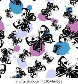 Cool seamless butterfly cloth background with violet, purple and blue blotters on white. Flying butterfly linen theme vector. Repeating insect fabric artwork for clothing fabric.