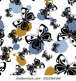 Cool seamless butterfly cloth pattern with pale navy blue and brown blotter on white.Wildlife butterfly linen theme vector. Repeating insect fabric artwork for clothing fabric.