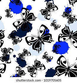 Cool seamless butterfly cloth template with dark and light blue blotters on white. Flying butterfly linen theme vector. Repeating insect fabric artwork for clothing fabric.