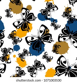 Cool seamless butterfly cloth template with blotter on white. Season butterfly linen theme vector. Repeating insect fabric backdrop for advert.