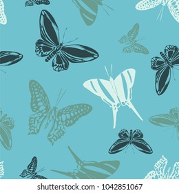 Cool seamless butterfly engraving background isolated on contrast back layer. Season butterfly etching theme vector. Insect silhouette artwork for textile.