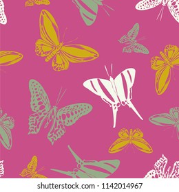Cool seamless butterfly engraving background isolated on contrast back layer. Flying butterfly etching theme vector. Insect silhouette backdrop for cover.