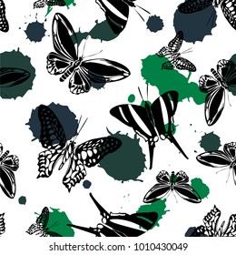 Cool seamless butterfly kite background with green blotter on white.  Nature butterfly hover theme vector. Repeating insect soar artwork for wrapping paper.