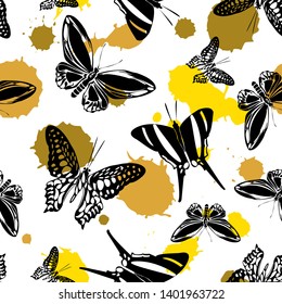 Cool seamless butterfly kite background with blotter on white. Wildlife butterfly hover theme vector. Repeating insect soar backdrop for wallpaper.