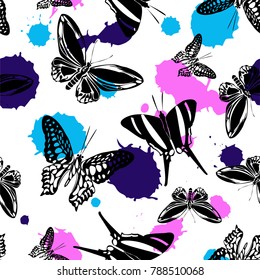 Cool seamless butterfly kite background with pink, blue and cyan blotter on white. Season butterfly hover theme vector. Repeating insect soar artwork for advertising.