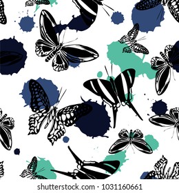 Cool seamless butterfly kite template with dark blue, pale blue and caramel green blotters on white. Season butterfly hover theme vector. Repeating insect soar artwork for cover.