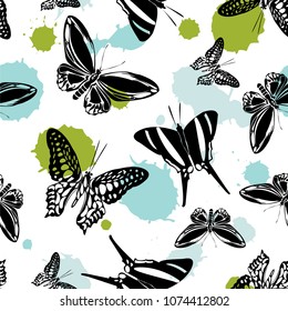 Cool seamless butterfly kite template with blotter on white. Wildlife butterfly hover theme vector. Repeating insect soar artwork for advert.