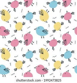 Cool seamless colorful pattern with funny doodle birds. Cute textile design for clothes, bedding, covers, nursery wallpaper, wrapping paper. Bright baby background for gift cards, posters, banners.