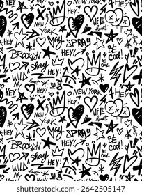 Cool seamless graffiti pattern. Black and white vector with crowns, hearts, stars, and urban tags.