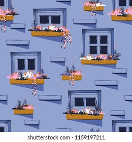 Cool Seamless pattern background of wall with windows in the summer vibes,Vector illustration,design for fashion, fabric,and all prints on blue brick background color.