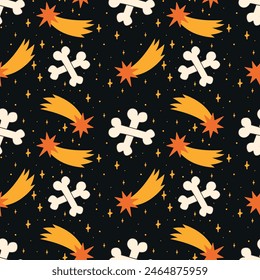 Cool seamless pattern with bones and comets for Halloween. Bones on a dark background with stars and comets. Cosmic Halloween pattern. Seamless pattern for print and textiles