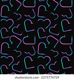 Cool seamless pattern with bright neon hearts isolated on black background. Gradient turquoise, purple and pink heart aesthetic square template for social media post. Retro print in y2k style.