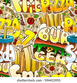 Cool seamless pattern with cartoon food. Vector illustration for design of packing.