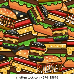 Cool seamless pattern with cartoon hamburgers. Vector illustration for design of packing fast food.