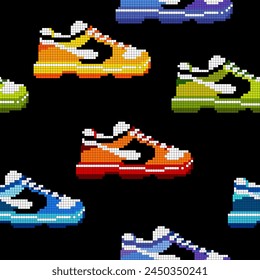 Cooles nahtloses Muster mit bunten Turnschuhen. für Jungen. Retro Vintage Hintergrund in Pixel Art Design Vektorillustration 90er Jahre Stil