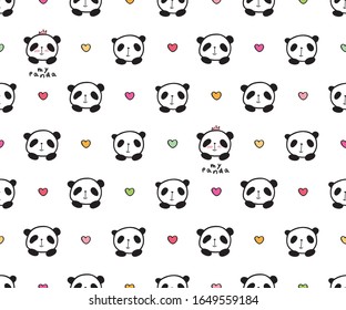 Cool seamless pattern with cute pandas and hearts for gift wrap, kids textile or book covers, wallpapers and scrapbook. 
