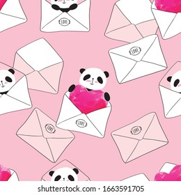 Cool seamless pattern with cute pandas  in envelopes for textile, fabric manufacturing, wallpaper, covers, surface, gift wrap, scrapbooking. Background for birthday, March 8, wedding, Valentine's Day.