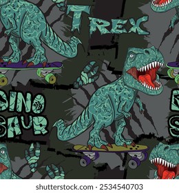 cool seamless pattern with dinosaur on a skateboard. graffiti background with t rex.For textile, kids wear, fabric and more
