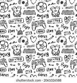 Cool seamless pattern with doodles, soccer ball, joystick and lettering for kids textiles. Black and white sports background with ball and headphones, rainbow, heart for boy, hand written text.