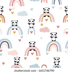 Cool seamless pattern with hand drawn cute pandas on rainbows. Baby design for kids apparel, nursery wall art, kids textile, wallpapers, gift wrap and scrapbook. Vector.