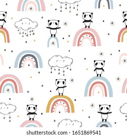 Cool seamless pattern with hand drawn cute pandas on rainbows, clouds and stars. Baby design for kids apparel, nursery wall art, kids textile, wallpapers, gift wrap and scrapbook. Vector.