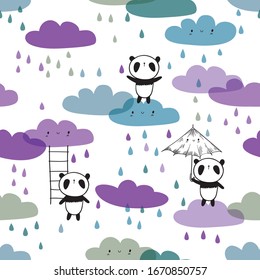 Cool seamless pattern with hand drawn cute pandas and funny clouds. Baby design for kids apparel, nursery wall art, kids textile, wallpapers, gift wrap and scrapbook. Vector.