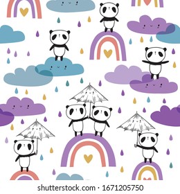 Cool seamless pattern with hand drawn cute pandas with umbrellas and funny clouds. Baby design for kids apparel, nursery wall art, kids textile, wallpapers, gift wrap and scrapbook. Vector.