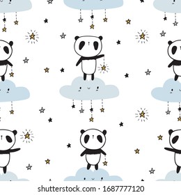 Cool seamless pattern with hand drawn cute pandas on clouds and stars. Baby design for kids apparel, nursery wall art, kids textile, wallpapers, gift wrap and scrapbook. Vector.