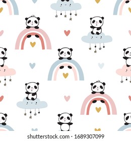 Cool seamless pattern with hand drawn cute pandas on the rainbows and clouds. Baby design for kids apparel, nursery wall art, kids textile, wallpapers, gift wrap and scrapbook. Vector.