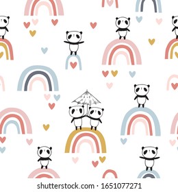 Cool seamless pattern for kids textile, wallpapers, gift wrap and scrapbook. Cute pandas with umbrella on rainbows. Vector illustration.