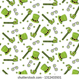 Cool seamless pattern with leprechaun hat, shoes, glasses and clover leaves.  St. Patrick`s Day background, pattern.