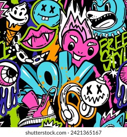 Cool seamless pattern with cool monsters, graffiti on black background. Print for teen 