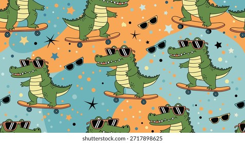Cool seamless pattern with skateboarding crocodiles wearing sunglasses, stars, and colorful blobs, perfect for energetic kids room decor.